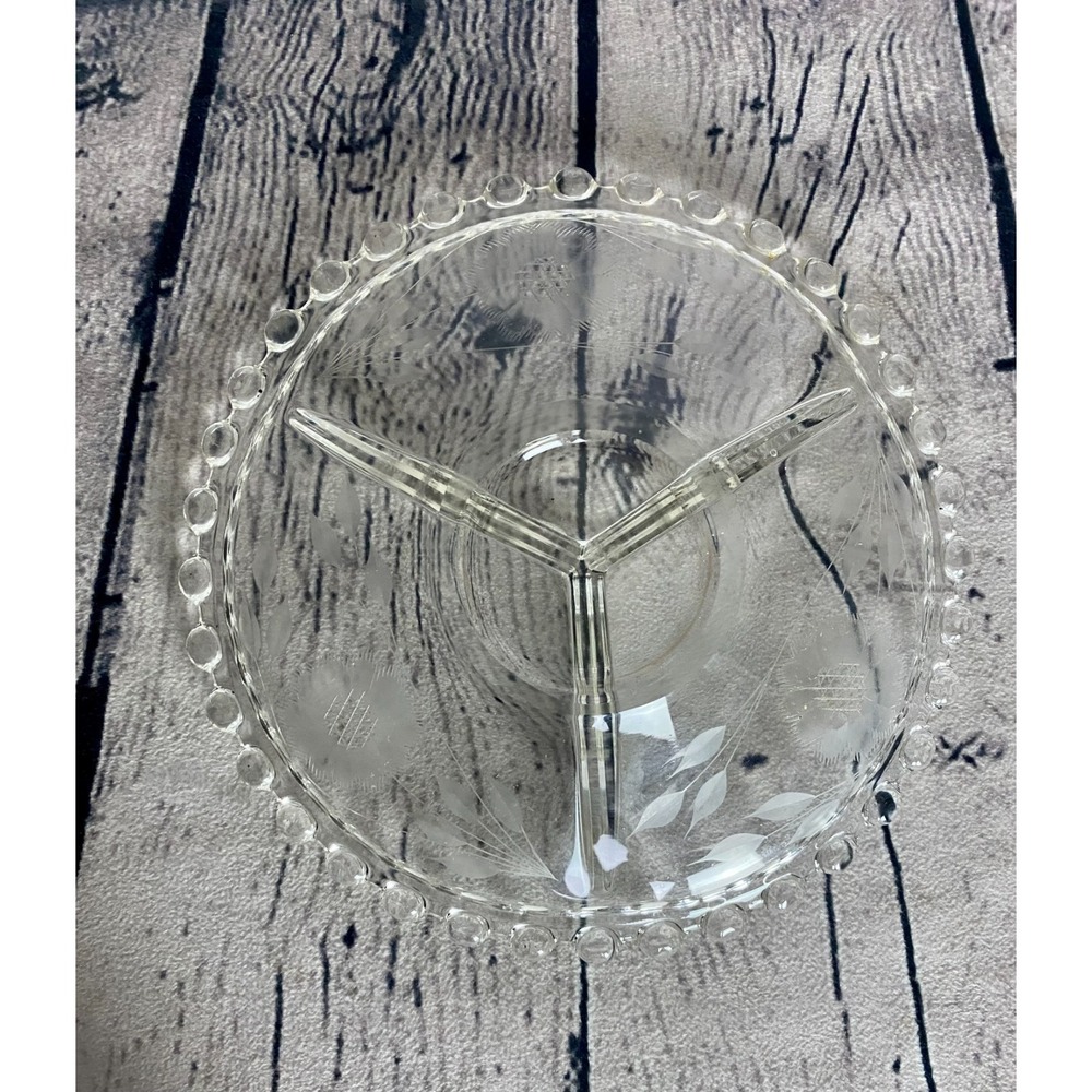 Vtg Imperial Candlewick‎ Clear 3 Part Divided Relish Dish  Etched Floral 5.75"